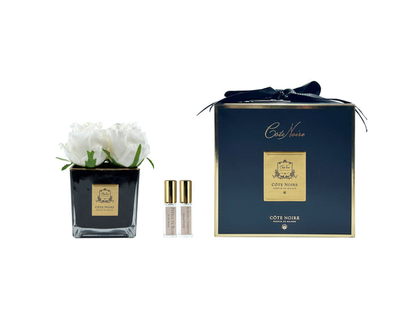 Couture Perfumed Natural Touch 4 Roses - Square Black Vase Gold & Ivory White