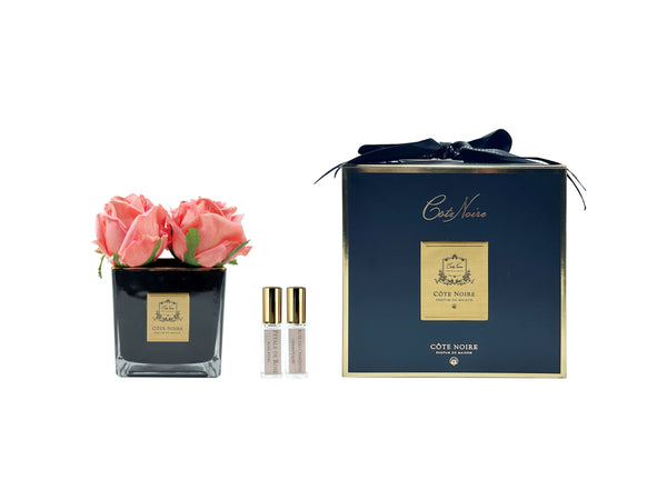 Couture Perfumed Natural Touch 4 Roses - Square Black Vase Gold & Peach