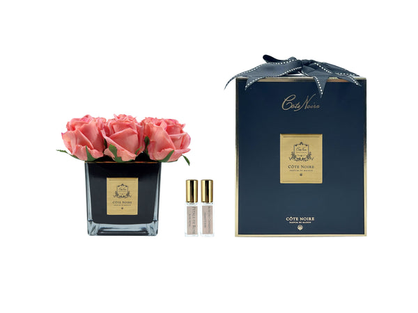 Couture Perfumed Natural Touch 9 Roses -Square Black Vase Gold & White Peach