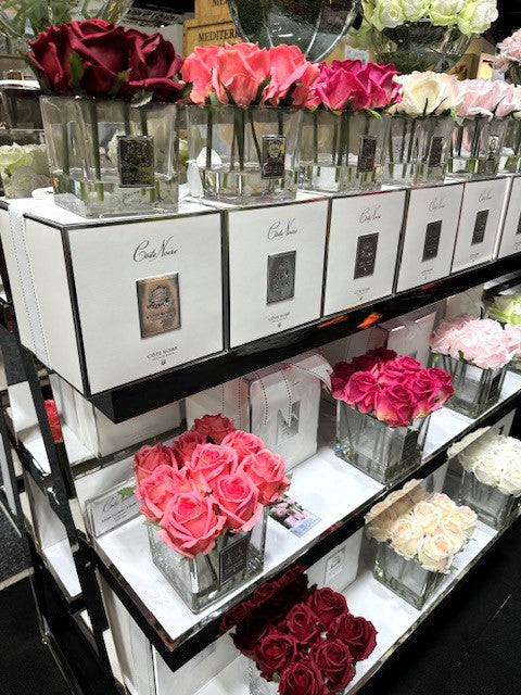 Couture Perfumed Natural Touch 4 Roses - Square Clear Vase Sliver & Magenta