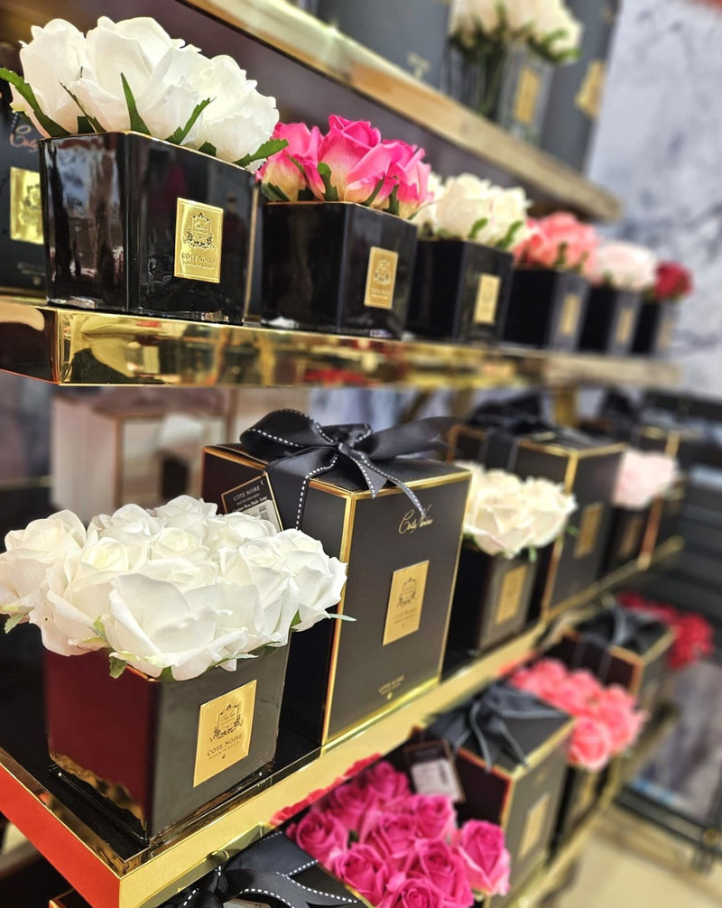 Couture Perfumed Natural Touch 4 Roses -  Square Black Vase Gold & Magenta