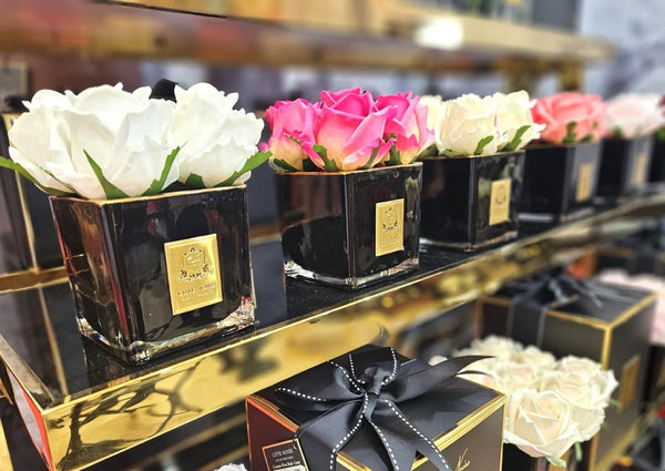 Couture Square Perfumed Natural Touch 4 Roses Square Black Vase Gold & Pink Blush