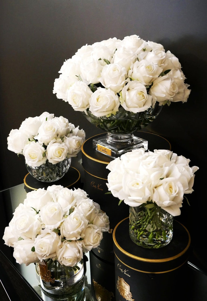 Luxury Centrepiece - 37 Rose Buds in Ivory White & Gold badge - CPRB11
