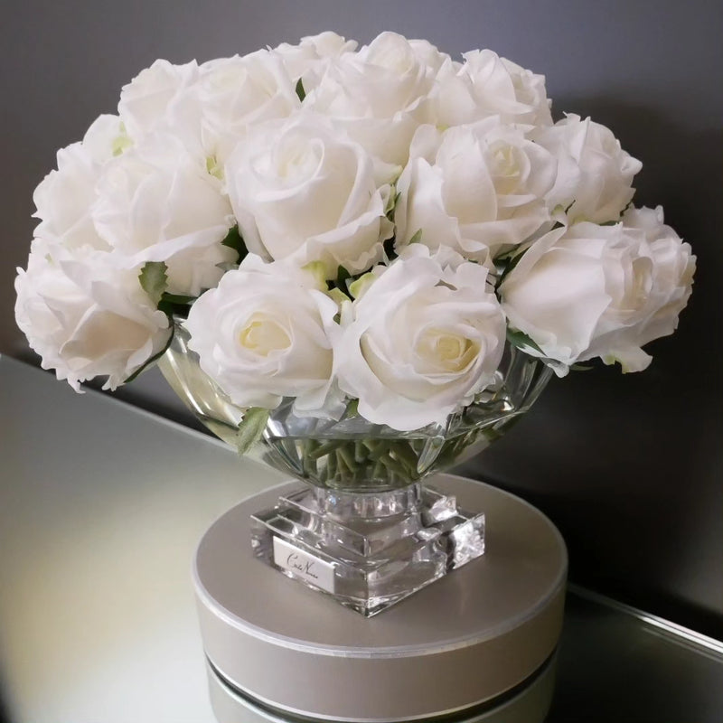 Luxury Centrepiece - 37 Rose Buds in Ivory White & Silver badge - CPRB01