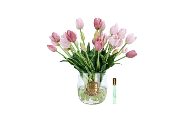NEW - Cote Noire Heritage Tulips - Clear Vase with Gold Badge - Pink -
