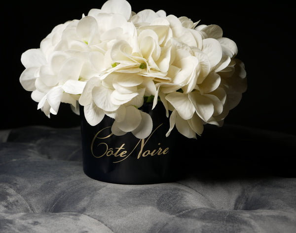 Cote Noire Perfumed Natural Touch Hydrangeas - Ivory White & Navy vase