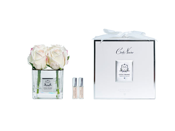 Couture Perfumed Natural Touch 4 Roses -Square Clear Vase Silver & Pink Blush