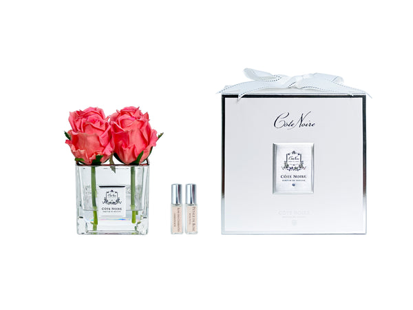 Couture Perfumed Natural Touch 4 Roses - Square Clear Vase Silver & White Peach