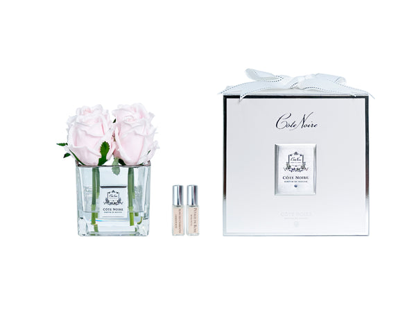 Couture  Perfumed Natural Touch 4 Roses - Square Clear Vase Silver & French Pink
