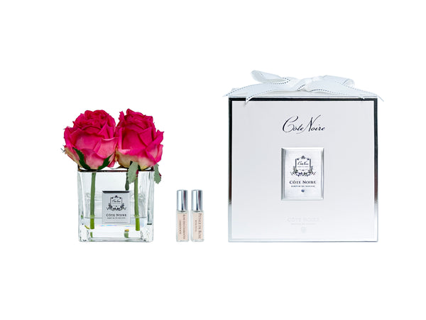 Couture Perfumed Natural Touch 4 Roses - Square Clear Vase Sliver & Magenta