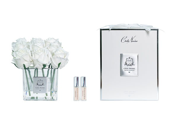 Couture Perfumed Natural Touch 9 Roses - Square Clear Vase Silver & Ivory White