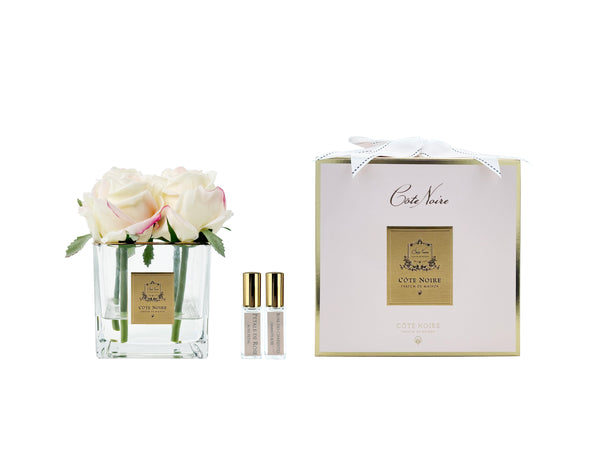 Couture Perfumed Natural Touch 4 Roses - LTD Square Clear Vase Gold & Pink Blush - White Box
