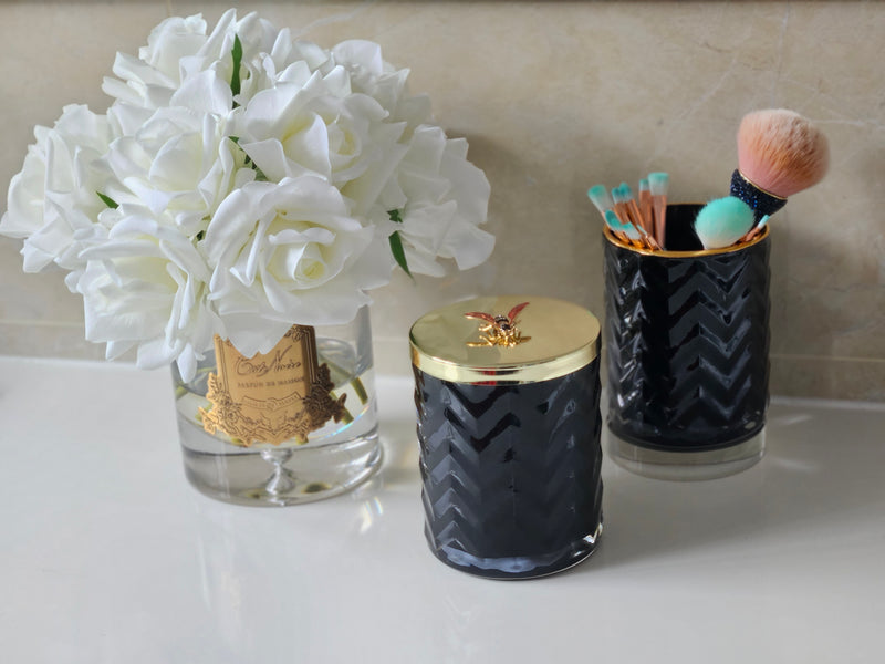 Herringbone Candle With Scarf - Black & Gold - Red bee Lid - HCG02