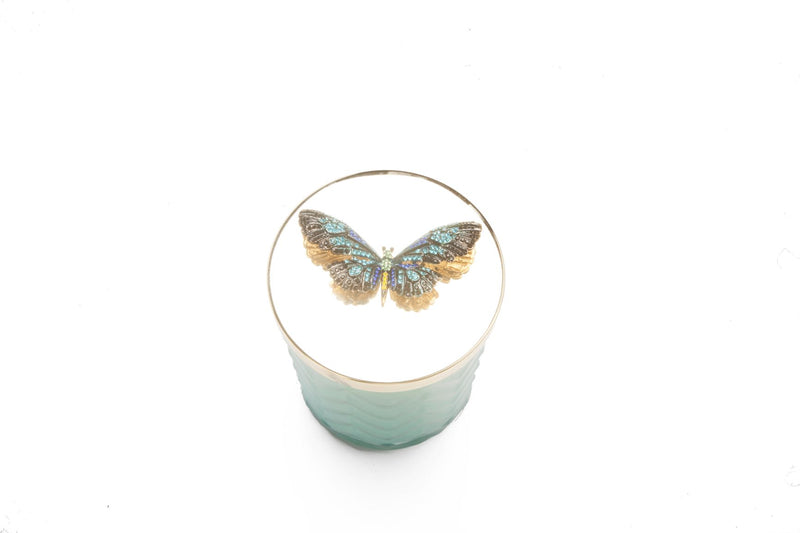 HERRINGBONE CANDLE WITH SCARF - TIFFANY BLUE & GOLD - BUTTERFLY LID - HCG51