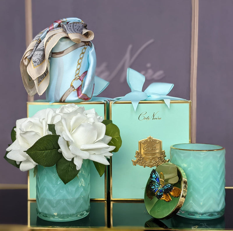 HERRINGBONE CANDLE WITH SCARF - TIFFANY BLUE & GOLD - BUTTERFLY LID - HCG51