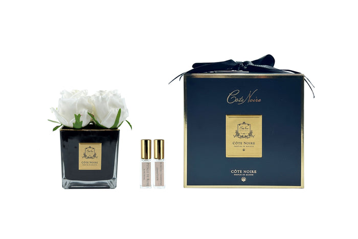 côte noire Cote Noire Couture 4 Rose Buds - Square Black Vase - Gold & White - SVB401