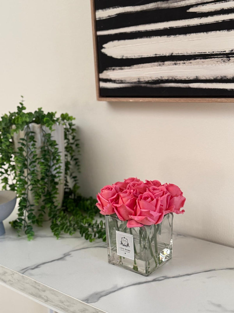 Cote Noire Couture 9 Rose Buds - Square Clear Vase - Silver & Peach - SVS905