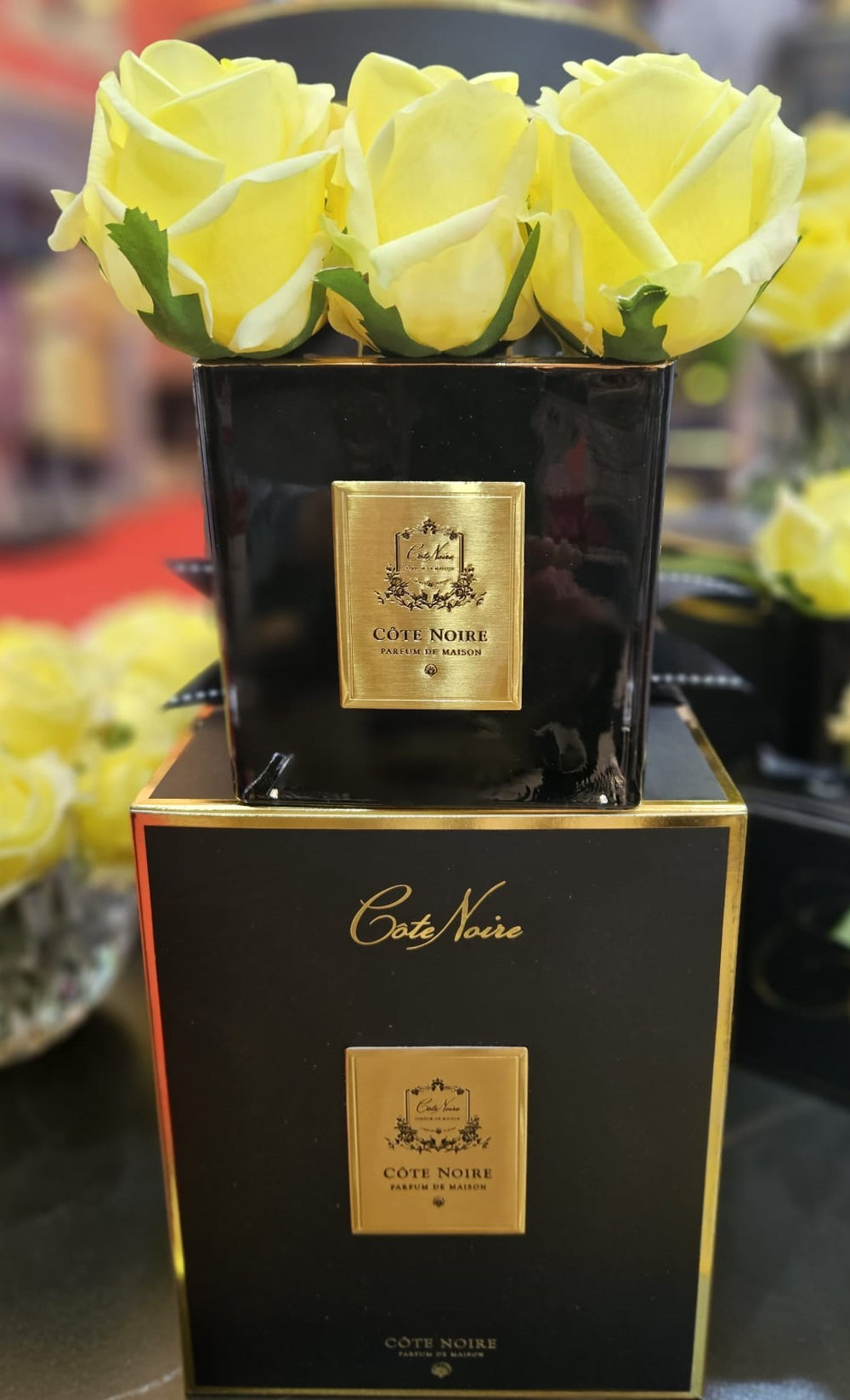 Cote Noire Couture Rose Buds Square Black Vase Gold Yellow S