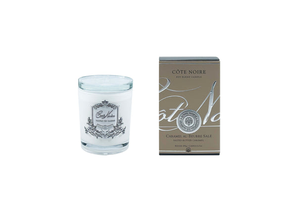 ** DISCONTINUED ** Cote Noire Candle 185g - White Vessel with Silver Badge - Salted Butter Caramel