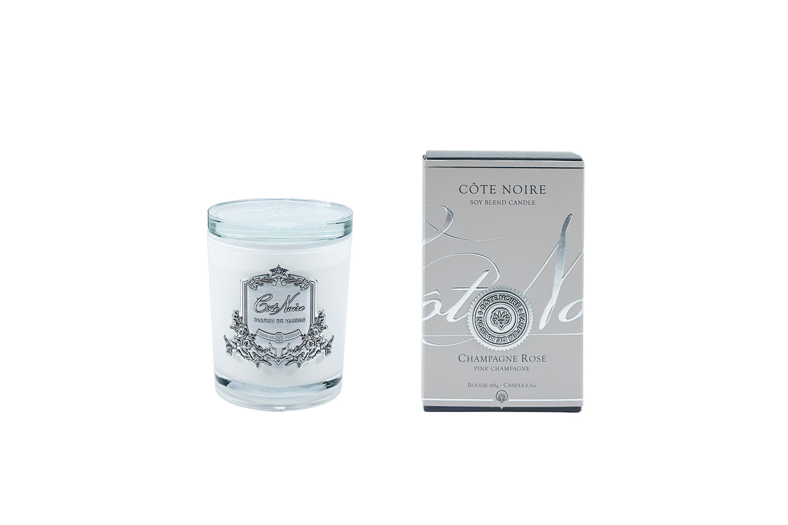 DISCONTINUED * Cote Noire Candles - White Vessel with Silver Badge 1