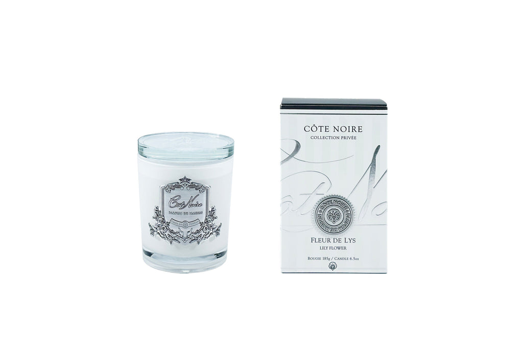 DISCONTINUED ** Cote Noire Candles - White Vessel with Silver Badge