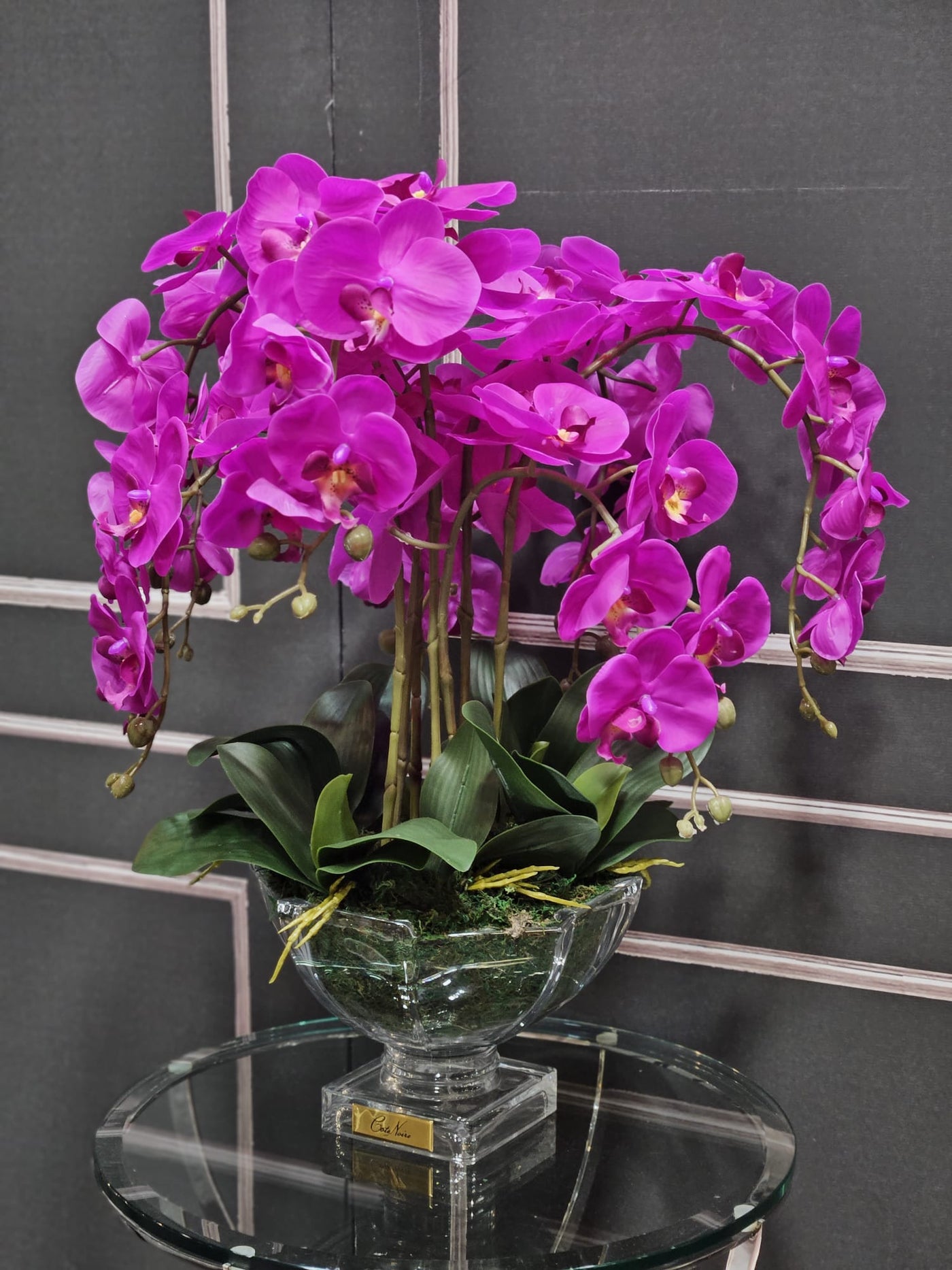 Cote Noire Luxury Orchid Centrepiece Bouquet - Fuchsia & Gold Badge -