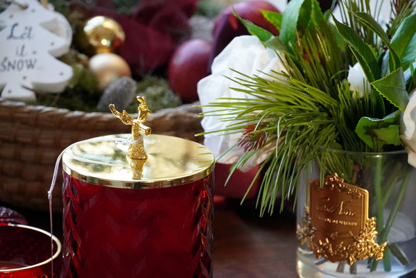 Cote Noire Christmas Herringbone Candle - Red & Gold Deer - Coconut Biscuit