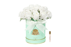 NEW - Cote Noire Hat Box Bouquet - Tiffany Blue Box with White Rose Buds - HBB01