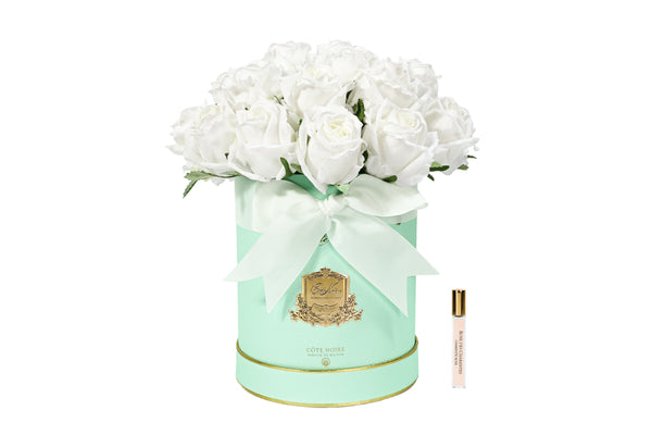 NEW - Cote Noire Hat Box Bouquet - Tiffany Blue Box with White Rose Buds - HBB01