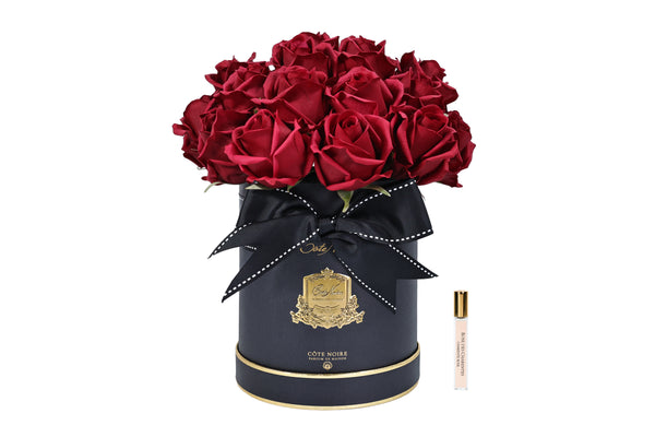 NEW - Cote Noire Hat Box Bouquet - Red - Black Box with Red Rose Buds - HBB04