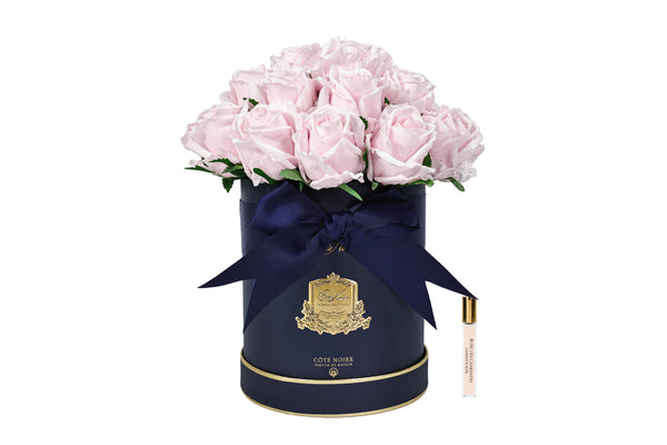 NEW - Cote Noire Hat Box Bouquet - Navy Box with French Pink Rose Buds - HBB06