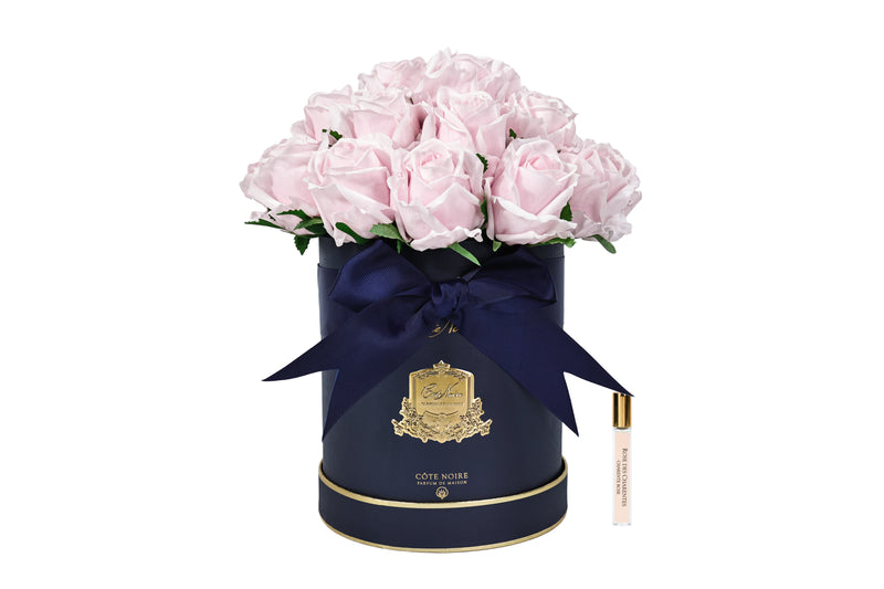 NEW - Cote Noire Hat Box Bouquet - Navy Box with French Pink Rose Buds - HBB06