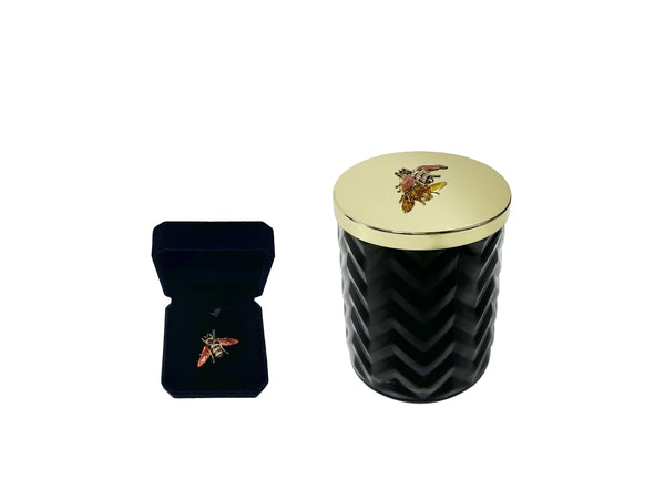 Cote Noire Herringbone Candle - Black & Gold - Red Bee Brooch - Queen of the Night - HCG02