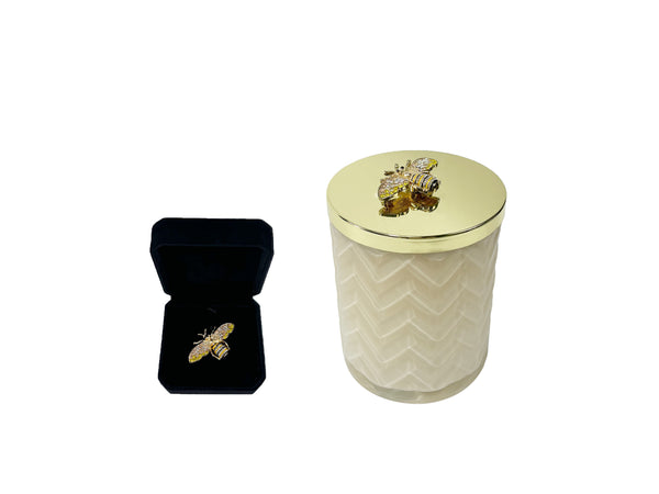 Cote Noire Herringbone Candle with Scarf - Cream & Gold - Gold Bee Brooch - Blonde Vanilla - HCG03