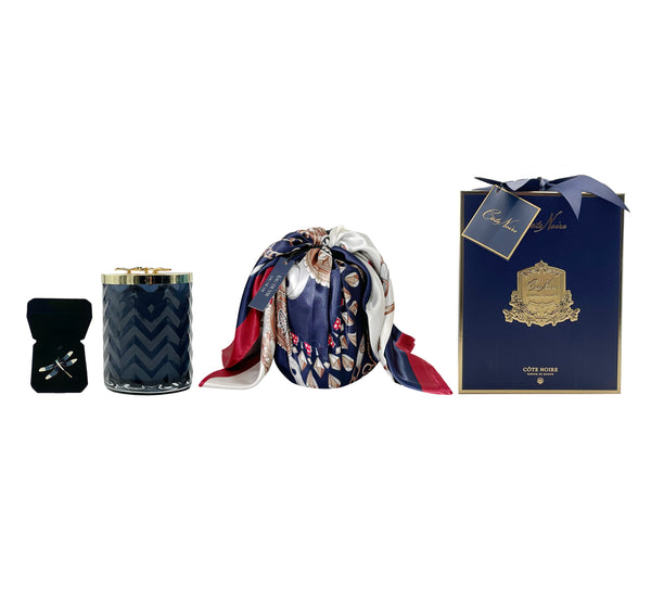 Cote Noire Herringbone Candle with Scarf - Navy & Gold - Dragonfly Brooch - Eau De Vie - HCG05