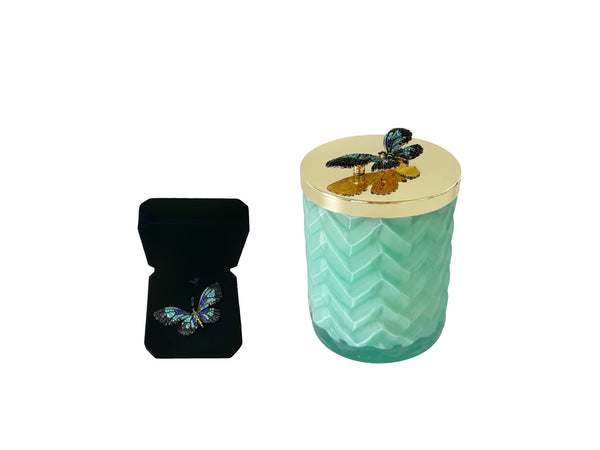 Cote Noire Herringbone Candle with Scarf - Tiffany Blue & Gold - Butterfly Brooch - Persian Lime - HCG51