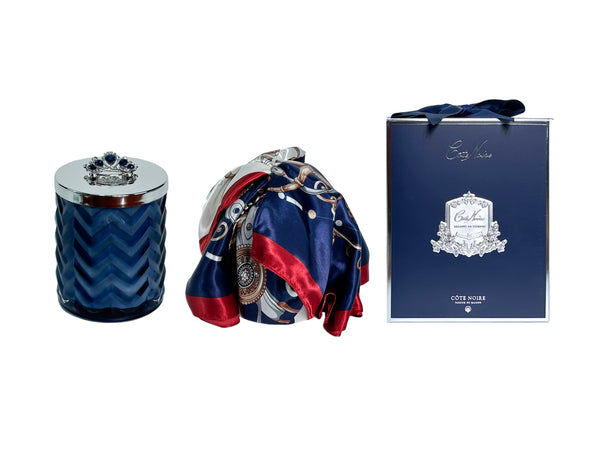 " NEW "Herringbone Candle With Scarf - Navy & Silver - Crown Lid - HCS05