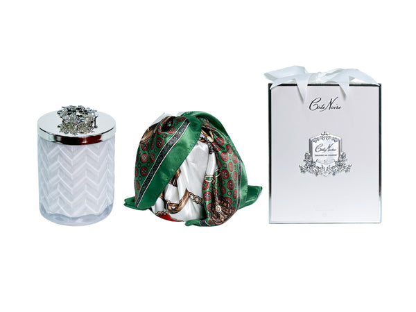 " NEW "Herringbone Candle With Scarf - White & Silver - Crown Lid - HCS06