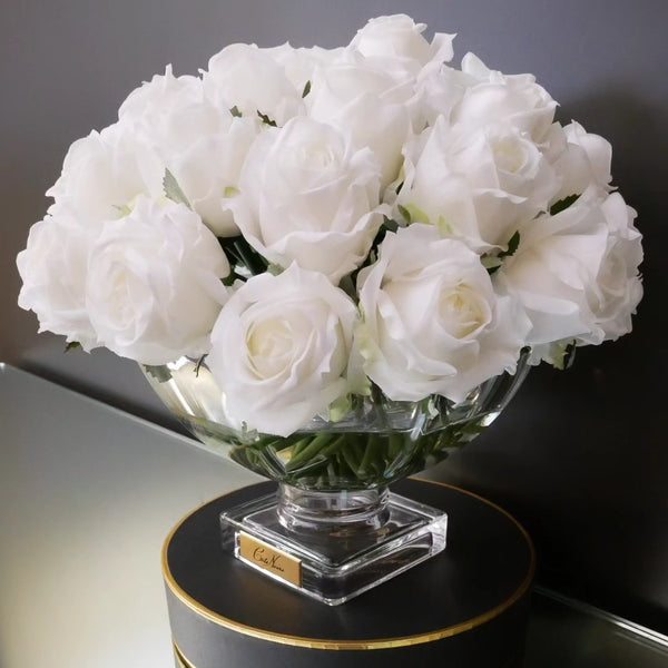 Cote Noire Luxury Centrepiece 37 Rose Bud Bouquet - White & Gold badge - CPRB11