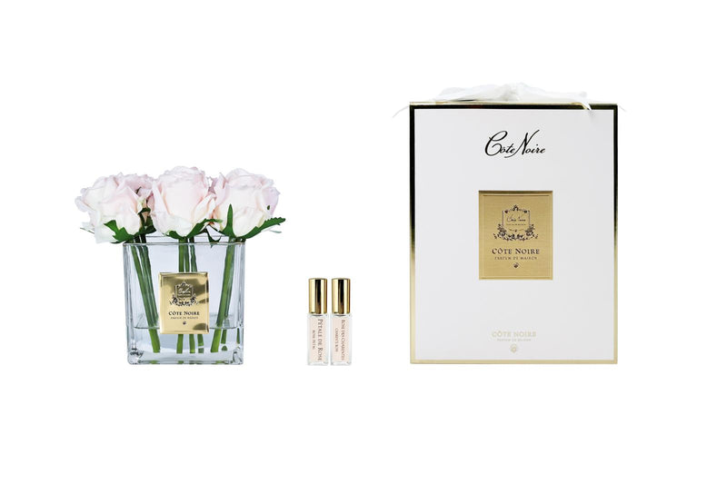 NEW - Cote Noire Couture 9 Rose Buds - Square Clear Vase with Gold Badge - Champagne Pink -- SVC915
