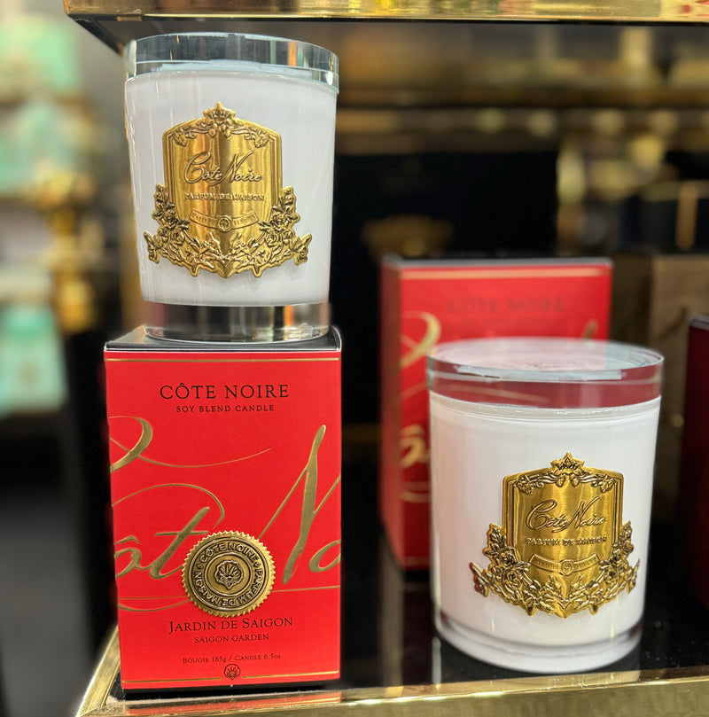 * CHRISTMAS * Cote Noire Christmas Day Candle - White Vessel with Gold Badge - Saigon Garden