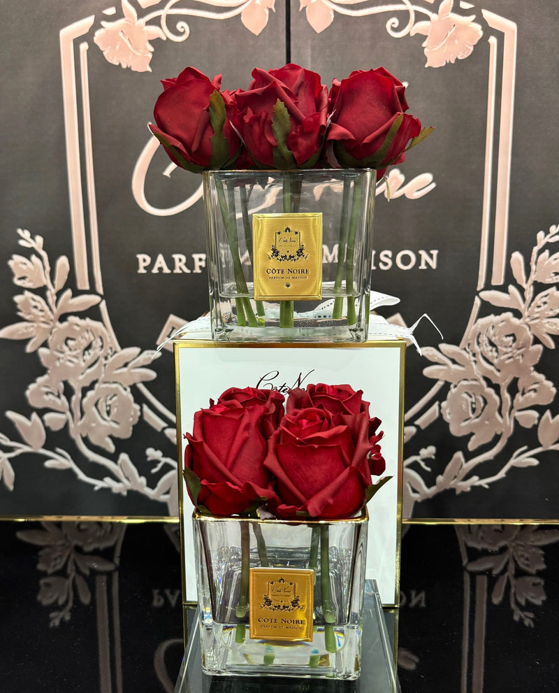 ** LIMITED ** Cote Noire Couture 9 Rose Buds - Square Clear Vase - Gold & Red - SVC904