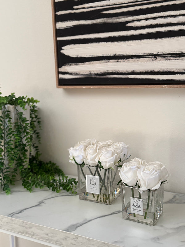 Cote Noire Couture 9 Rose Buds - Square Clear Vase - Silver & White - SVS901