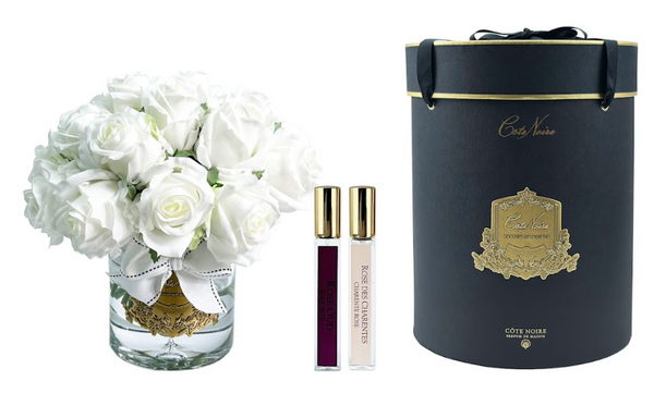 * NEW * Luxury Grand Rose Bud Bouquet - Gold Badge - Ivory White - Black Box - LRB11