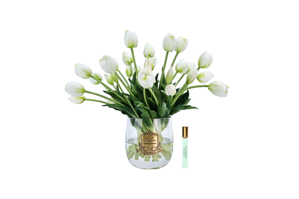 NEW - Cote Noire Heritage Tulips - Clear Vase with Gold Badge - White - HT01