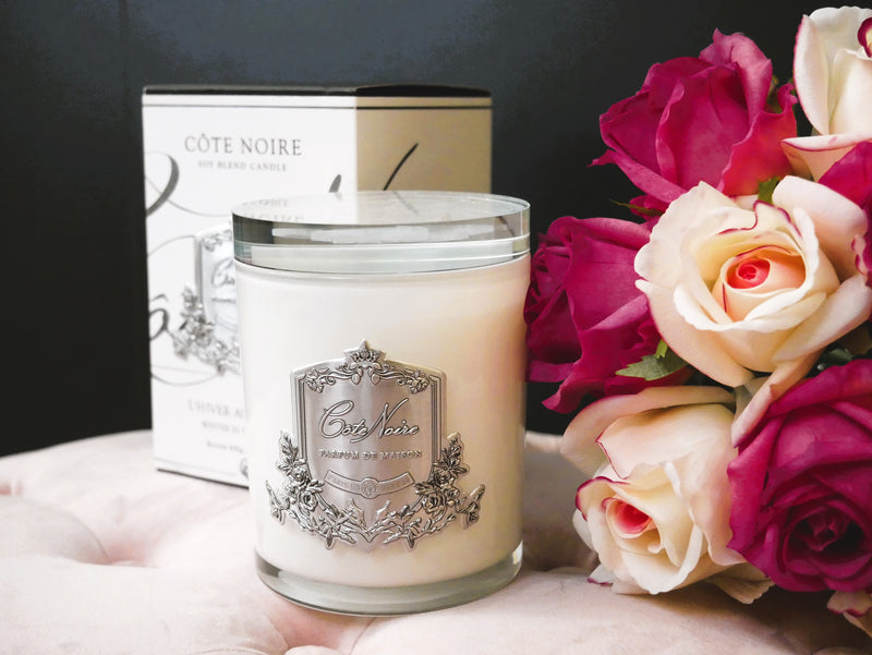 Cote Noire Candles - White Vessel with Silver Badge - Winter in the Chateau