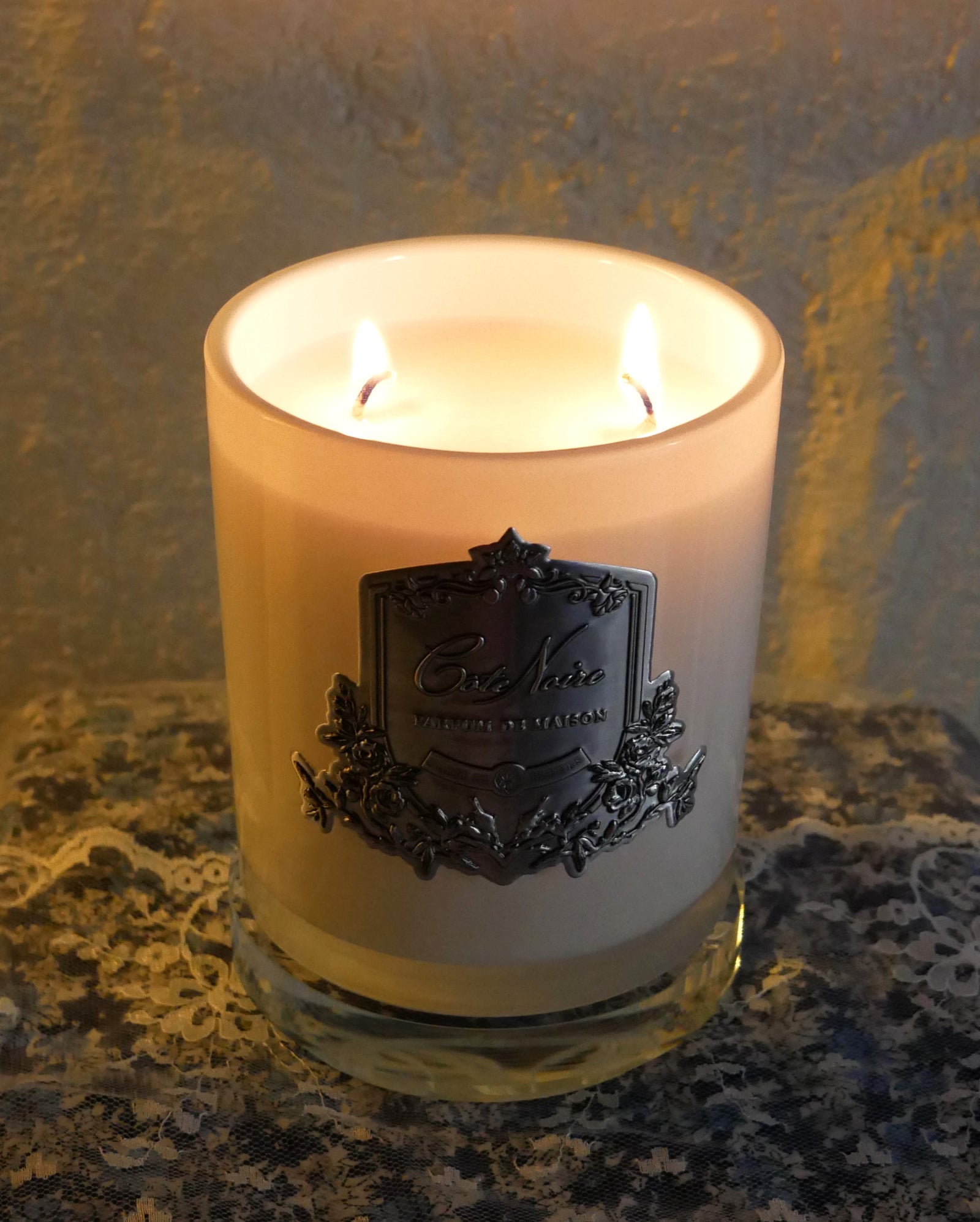DISCONTINUED ** Cote Noire Candles - White Vessel with Silver Badge