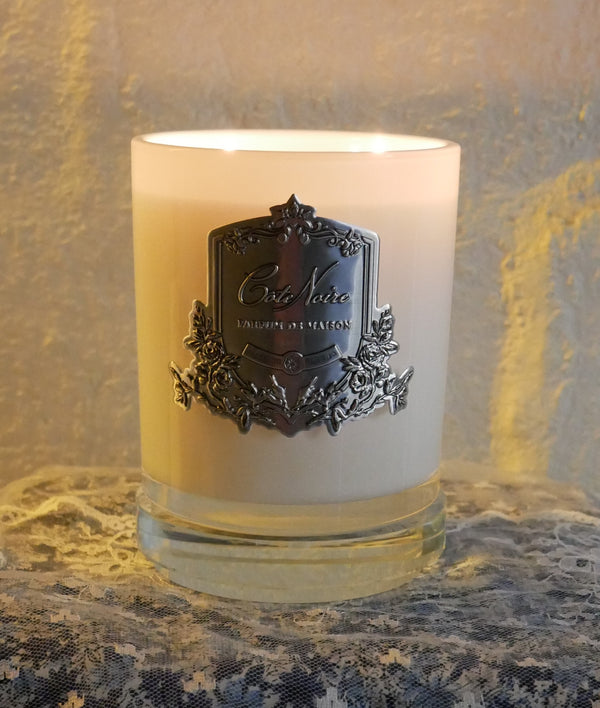 Cote Noire Candles - White Vessel with Silver Badge - Prosecco