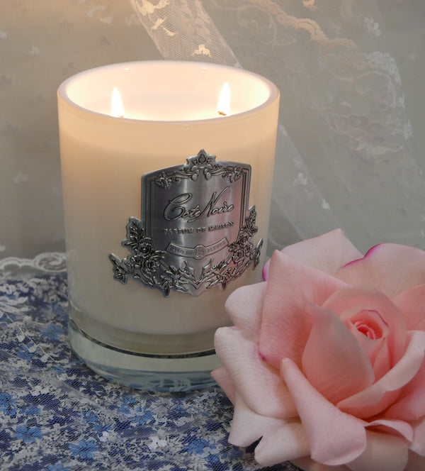 Cote Noire Candles - White Vessel with Silver Badge - Rose Petal