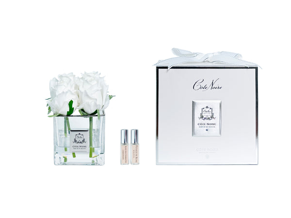 Couture Perfumed Natural Touch 4 Roses - Square Clear Vase Silver & Ivory White